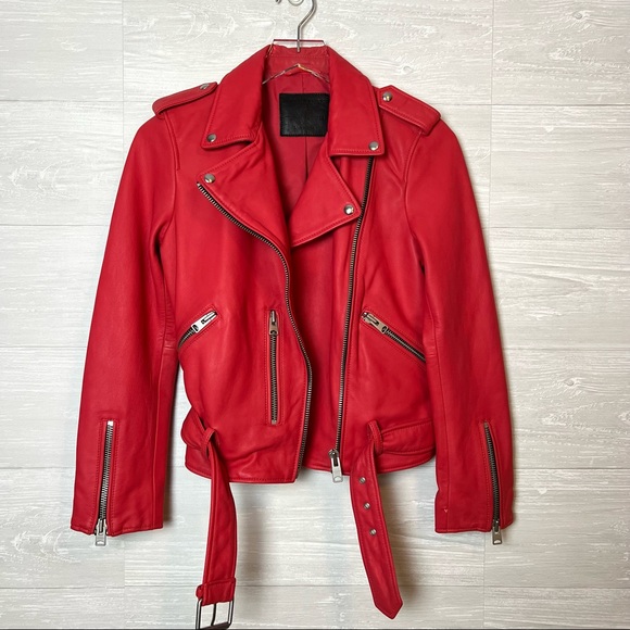 AllSaints Balfern Belted Coral Red Leather Biker Jacket Size 6 - Picture 11 of 16